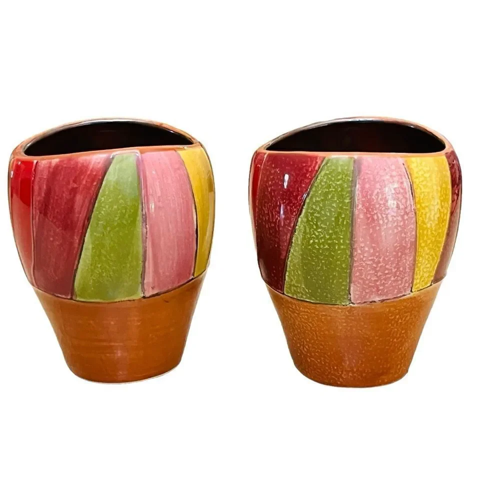 Pier 1 Wavy Stripe Hand Painted Stoneware Cup Mug Set of 2